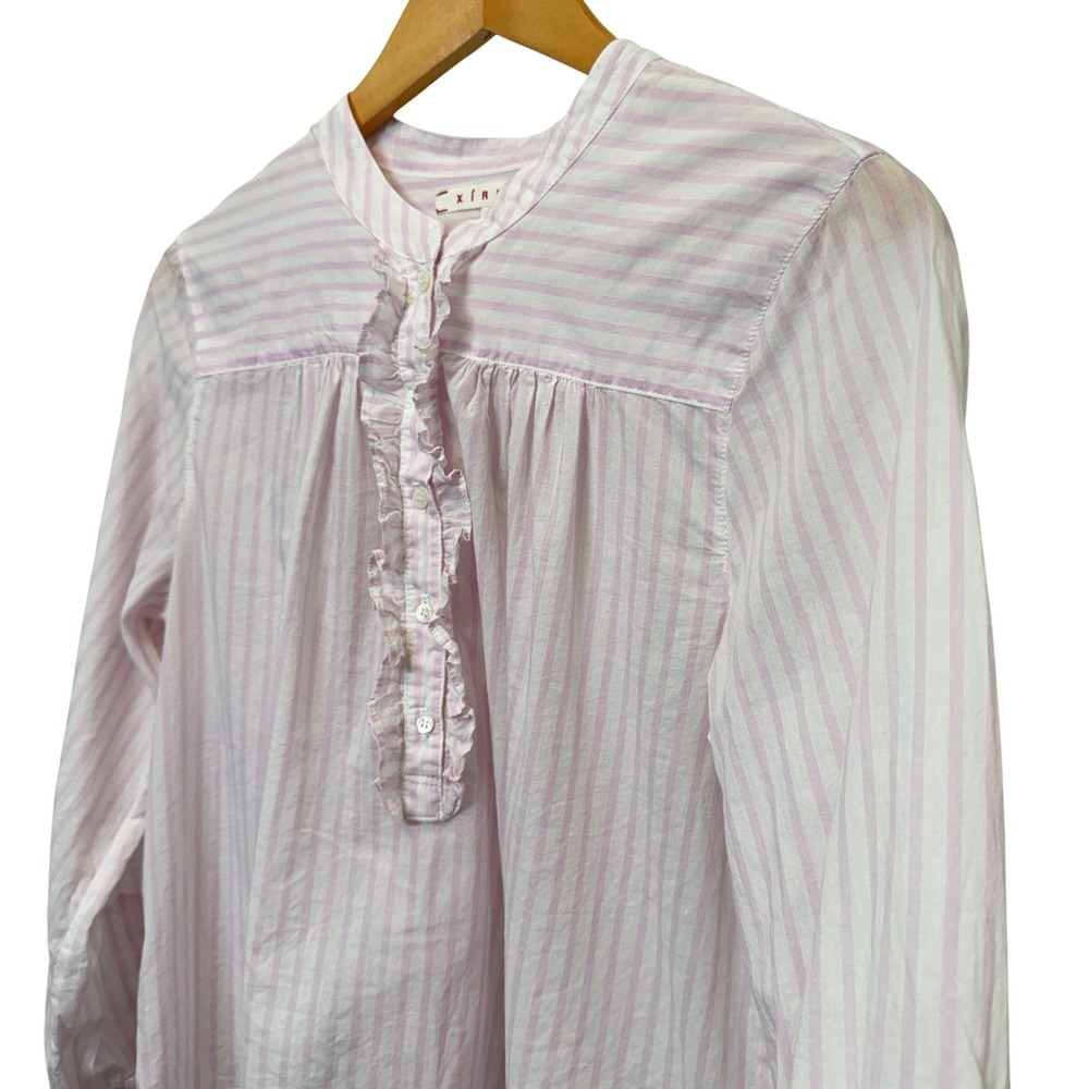 Xirena Womens Frankie Ruffle Blouse M Pink White Stripe Button Up Coastal - Picture 3 of 8